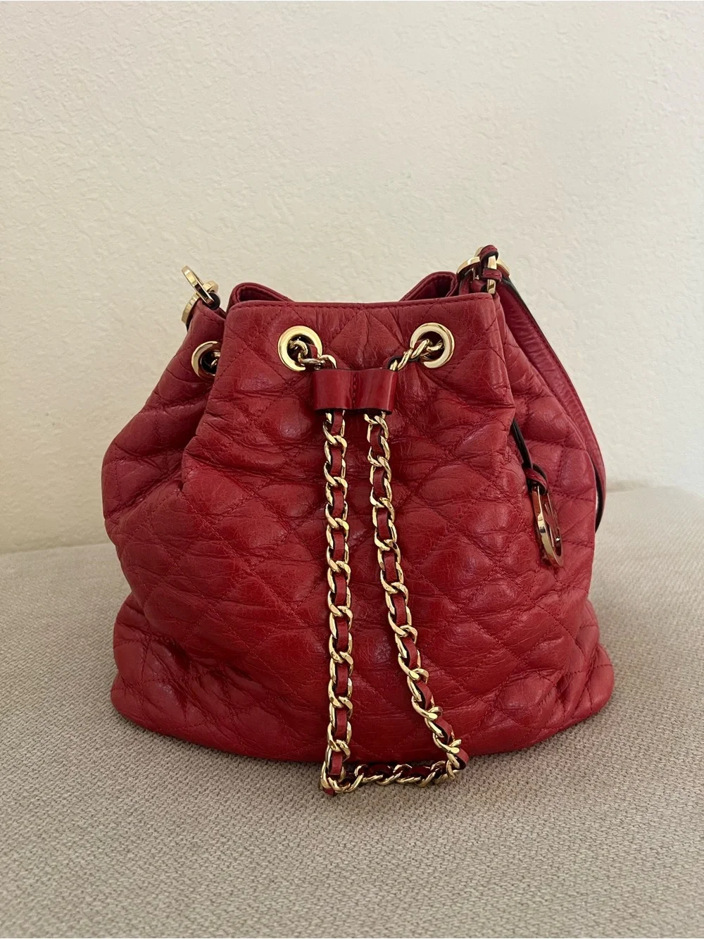 Michael Kors Quilted Red Leather Drawstring Hobo with Gold Chain